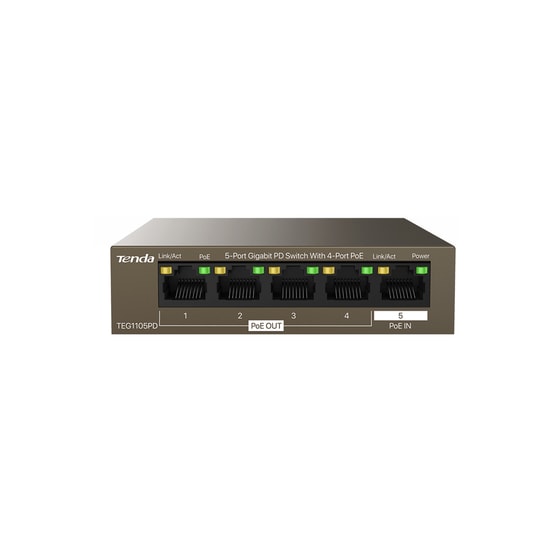 Tenda TEG1105PD 5 Port Gigabit PoE Switch - 4 Port PoE + 1 PoE Giriş, 10/100/1000 Mbps, 22W Toplam PoE Güç Desteği