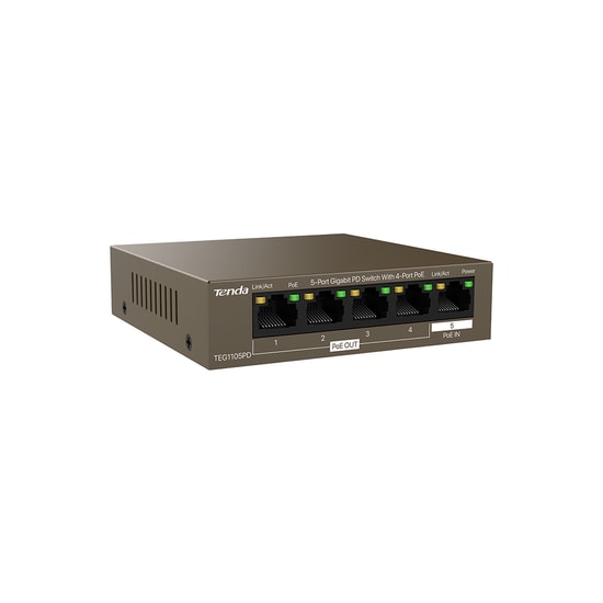 Tenda TEG1105PD 5 Port Gigabit PoE Switch - 4 Port PoE + 1 PoE Giriş, 10/100/1000 Mbps, 22W Toplam PoE Güç Desteği