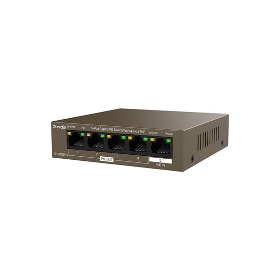 Tenda TEG1105PD 5 Port Gigabit PoE Switch - 4 Port PoE + 1 PoE Giriş, 10/100/1000 Mbps, 22W Toplam PoE Güç Desteği