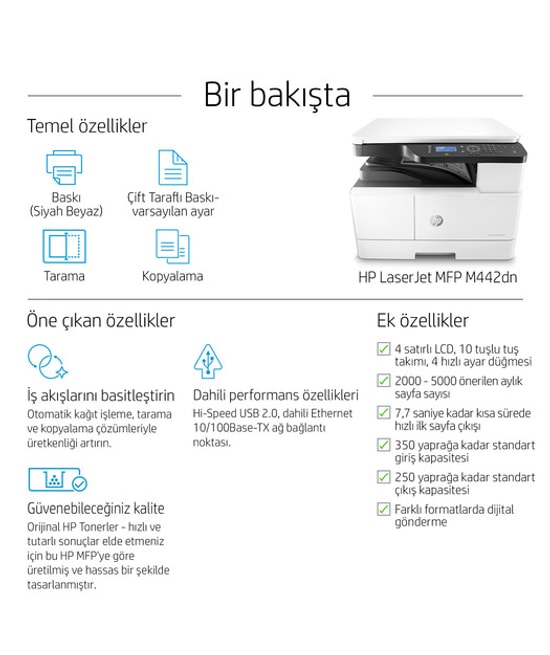 HP LaserJet M442DN A3 Mono Lazer Yazıcı (8AF71) - 24ppm, 512MB Bellek, Çift Taraflı, Tarayıcı, Fotokopi, USB, Network