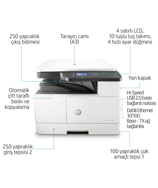 HP LaserJet M442DN A3 Mono Lazer Yazıcı (8AF71) - 24ppm, 512MB Bellek, Çift Taraflı, Tarayıcı, Fotokopi, USB, Network