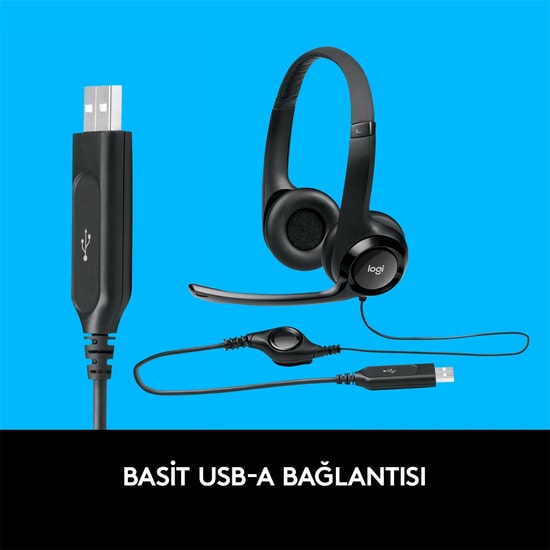 Logitech H390 Kablolu USB Mikrofonlu Kulaklık (981-000406) - Çağrı Gürültü Önleyici Mikrofon (ENC), Kablo Üzeri Kontrol