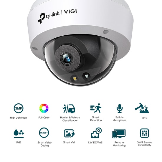 TP-Link VIGI C230 4MM Lens 3MP Dome Kamera: 30 Metre IR, Full Color, İnsan/Araç Algılama, Dahili Mikrofon, IP67, IK10
