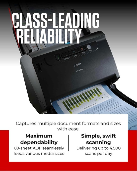 Canon DR-C230 A4 60 Sayfa ADF Doküman Tarayıcı - 30ppm Hız, 600dpi Optik Çözünürlük, Çift Taraflı Tarama Özelliği