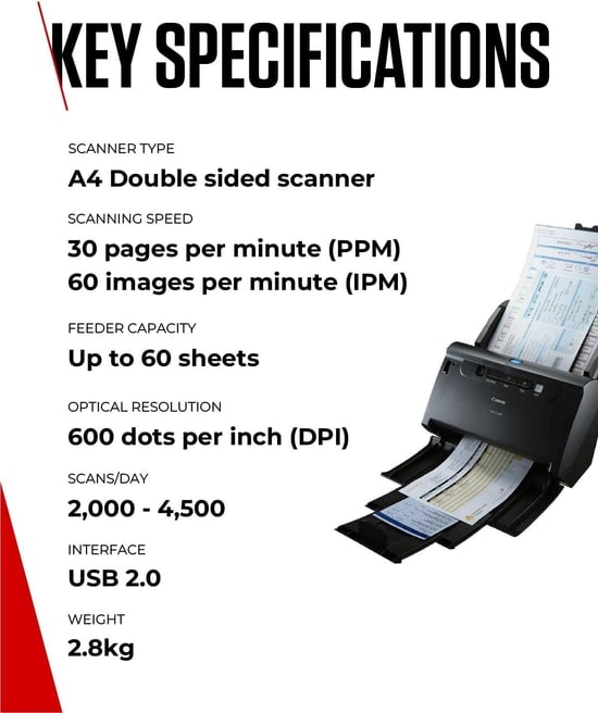 Canon DR-C230 A4 60 Sayfa ADF Doküman Tarayıcı - 30ppm Hız, 600dpi Optik Çözünürlük, Çift Taraflı Tarama Özelliği