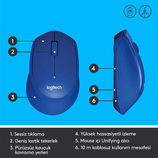 Logitech M330 Mavi Sessiz Kablosuz Optik Mouse (910-004910) - 1000 DPI, Ergonomik Tasarım, SilentTouch Teknolojisi