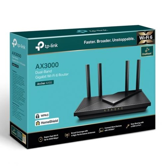 TP-Link Archer AX55 AX3000 Wi-Fi 6 Router - Çift Bant, 4 Anten, USB 3.2 Gen 1, Gigabit Portlar, VPN, WPA 3, EasyMesh