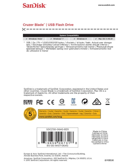 Sandisk Cruzer Blade 64GB USB 2.0 Flash Bellek (SDCZ50-064G-B35) - NAND Depolama, USB Type-A, Kompakt Tasarım