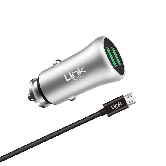 Linktech M581 Gri Metal Micro USB 2.4A Hızlı Araç Şarj Aleti - Çift USB Portlu, Aşırı Akım ve Gerilim Korumalı