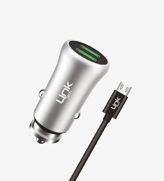 Linktech M581 Gri Metal Micro USB 2.4A Hızlı Araç Şarj Aleti - Çift USB Portlu, Aşırı Akım ve Gerilim Korumalı