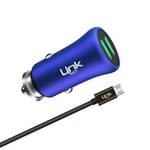 LinkTech M581 Metal Micro USB Mavi 2.4A 17W Çift USB Portlu Araç Şarj Aleti - Hızlı Şarj, Akım Koruması