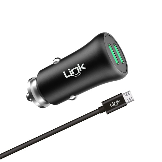 LinkTech M581 Siyah Metal Micro USB 2.4A Araç Şarj Aleti - Çift USB Portlu, Aşırı Akım/Gerilim Korumalı