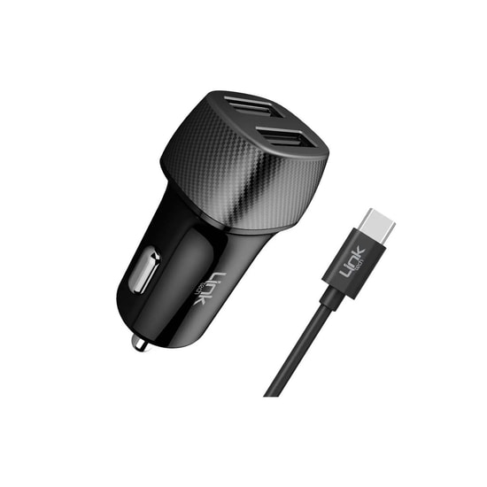 Linktech C493 Safe Karbon Görünümlü Type-C Kablolu 12W Araç Şarj Aleti - Hızlı Şarj, 2 Çıkışlı, USB A, Akım Koruması