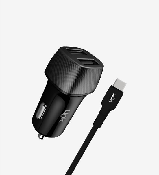 Linktech C493 Safe Karbon Görünümlü Type-C Kablolu 12W Araç Şarj Aleti - Hızlı Şarj, 2 Çıkışlı, USB A, Akım Koruması