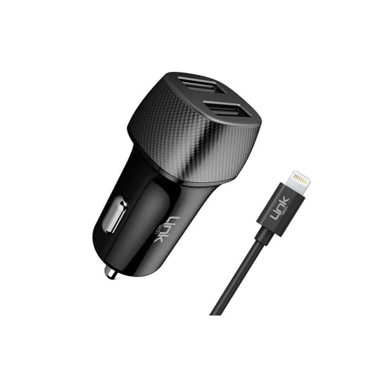LinkTech C492 Safe Karbon Görünümlü 12W Lightning Kablolu Araç Şarj Aleti (LCH-C492) - 2 USB-A Çıkışlı, Hızlı Şarj