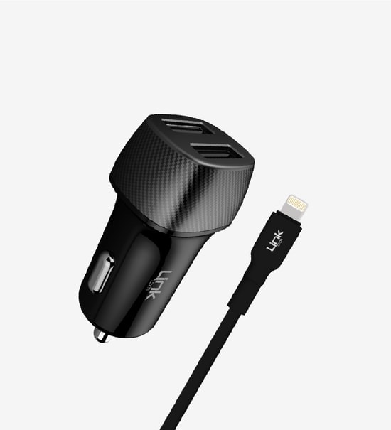 LinkTech C492 Safe Karbon Görünümlü 12W Lightning Kablolu Araç Şarj Aleti (LCH-C492) - 2 USB-A Çıkışlı, Hızlı Şarj