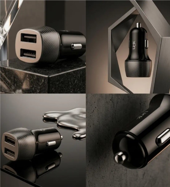 LinkTech C492 Safe Karbon Görünümlü 12W Lightning Kablolu Araç Şarj Aleti (LCH-C492) - 2 USB-A Çıkışlı, Hızlı Şarj