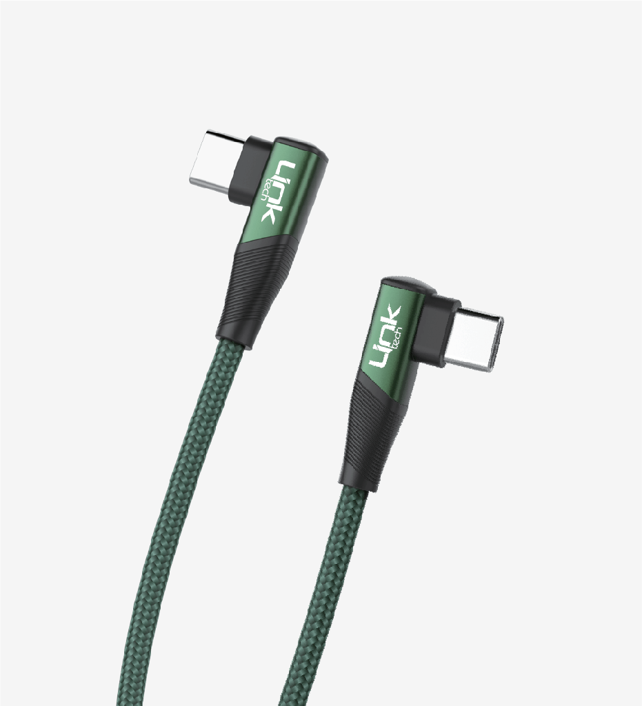 Linktech K595 Örgülü Dirsekli Metal Başlı 150cm Type-C - Type-C 3a 60w Siyah Şarj Kablosu