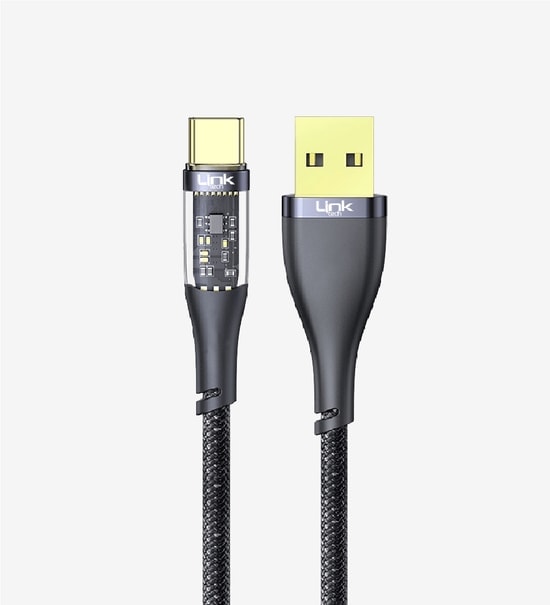 LinkTech K671 130cm 3A USB-A to Type-C Şeffaf Şarj Kablosu - 20W Hızlı Şarj, Örgülü Tasarım, LED Işıklı Ünite