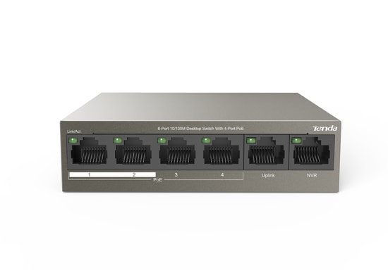 Tenda TEF1106P 4 Port 63W PoE 10/100 Switch - 1x Uplink, 1x NVR, 250m İletim Mesafesi, Metal Kasa, Yönetilemez Masaüstü