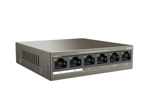 Tenda TEF1106P 4 Port 63W PoE 10/100 Switch - 1x Uplink, 1x NVR, 250m İletim Mesafesi, Metal Kasa, Yönetilemez Masaüstü