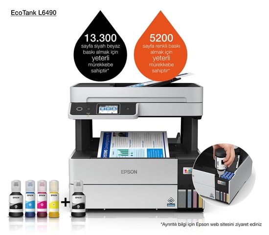 Epson EcoTank L6490 Tanklı Yazıcı - Renkli, 37 ppm, Tarayıcı, Fax, Fotokopi, WiFi, Ethernet, Dubleks Baskı, ADF, USB