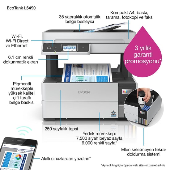 Epson EcoTank L6490 Tanklı Yazıcı - Renkli, 37 ppm, Tarayıcı, Fax, Fotokopi, WiFi, Ethernet, Dubleks Baskı, ADF, USB