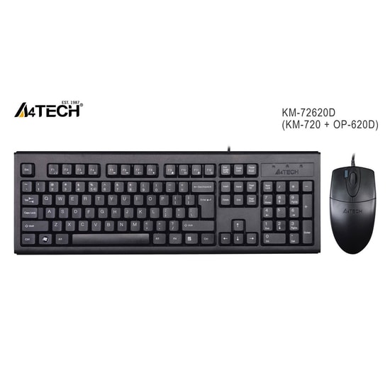 A4-Tech KM-72620D USB Kablolu Türkçe Q Düzen Siyah Klavye Mouse Set - 800dpi Optik Fare, 150cm USB Kablo, Lazer Baskı