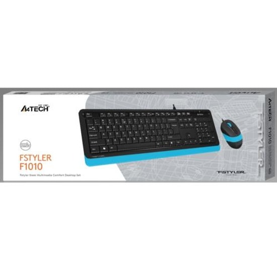 A4 Tech F1010 Mavi Q USB Kablolu Klavye Mouse Seti (F1010-M) - 1600 DPI Optik Mouse, Multimedya Tuşları
