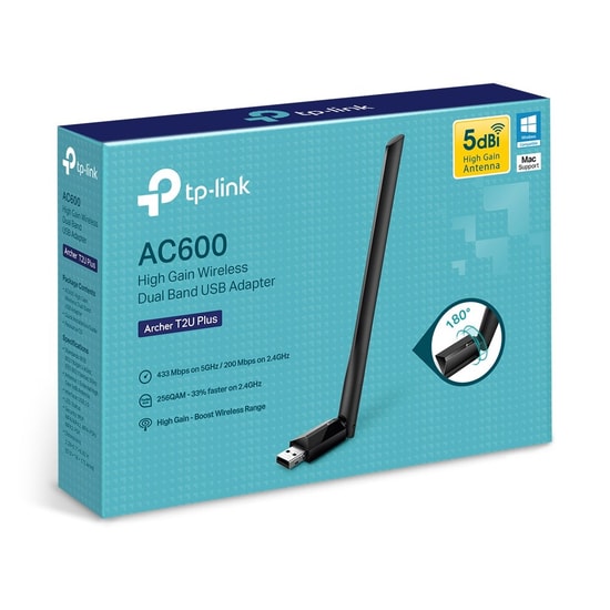TP-LINK Archer T2U Plus AC600 Yüksek Kazançlı USB Wi-Fi Ağ Adaptörü - 5dBi Harici Anten, Dual Band, Wi-Fi 5 (802.11ac)