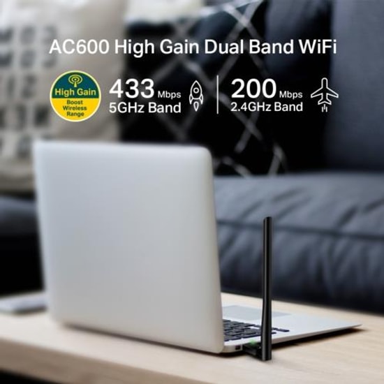 TP-LINK Archer T2U Plus AC600 Yüksek Kazançlı USB Wi-Fi Ağ Adaptörü - 5dBi Harici Anten, Dual Band, Wi-Fi 5 (802.11ac)