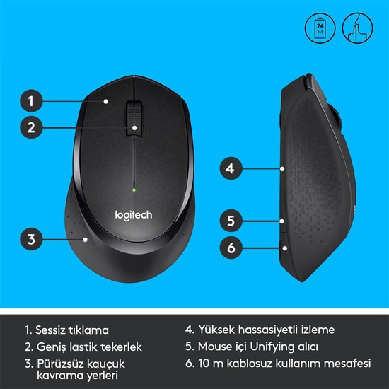 Logitech M330 Silent Siyah Kablosuz Optik Mouse (910-004909) - 1000 DPI, SilentTouch Teknolojisi, Ergonomik Tasarım