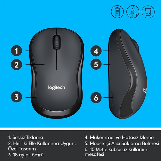 Logitech M220 Sessiz Siyah Kablosuz Optik Mouse (910-004878) - 1000 DPI, 2.4 GHz, Ergonomik Tasarım