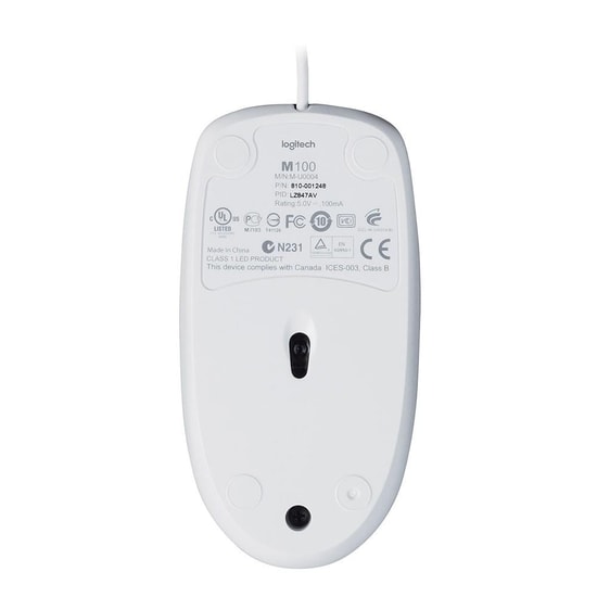 Logitech M100 USB Kablolu Beyaz Optik Mouse (910-006764) - 1000DPI, 180cm Kablo, Sağ/Sol El Uyumlu, 3 Tuşlu Tak Çalıştır