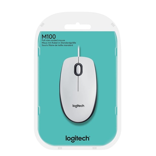 Logitech M100 USB Kablolu Beyaz Optik Mouse (910-006764) - 1000DPI, 180cm Kablo, Sağ/Sol El Uyumlu, 3 Tuşlu Tak Çalıştır