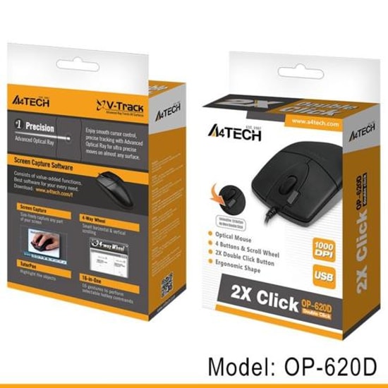 A4 Tech OP-620D Siyah Kablolu Optik Mouse - 1000 DPI Hassasiyet, 4 Tuşlu, 1.5 Metre Kablo, Ergonomik Tasarım
