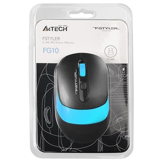 A4 Tech FG10 Siyah Mavi Kablosuz Mouse: 2000 DPI, Kaymaz Yüzey, 5 Milyon Tıklama Ömrü, Güç Tasarruflu Optik Mouse