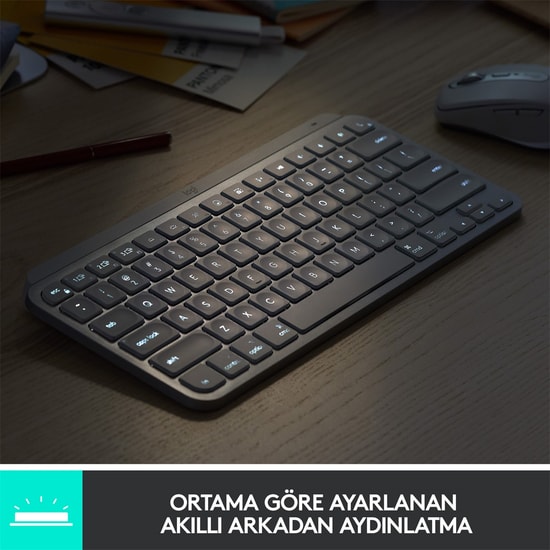Logitech MX Keys Mini Siyah Türkçe Q Düzen Kablosuz Klavye (920-010504) - Bluetooth, LED Aydınlatmalı, Dahili Şarjlı Pil
