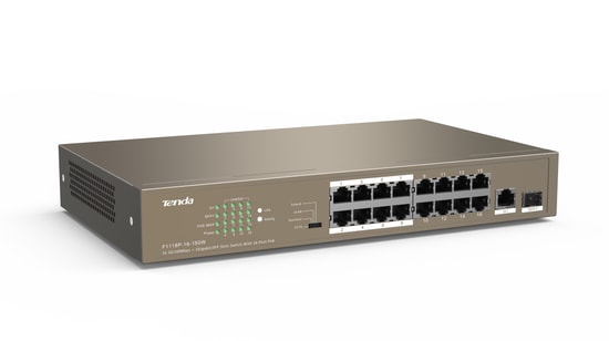 Tenda TEF1118P-16-150W 16 Port 10/100 Switch - 150W PoE, 1 SFP Slot, Rackmount, Metal Kasa, Yönetilemez Ağ Anahtarı