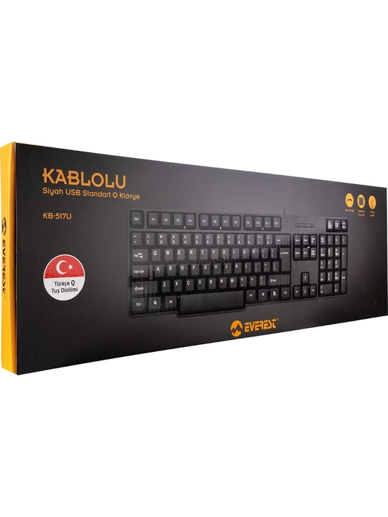 Everest KB-517U Q Siyah USB Kablolu Standart Türkçe Q Klavye (KB517U) - Ayarlanabilir Yükseklik, 10 Milyon Tuş Ömrü