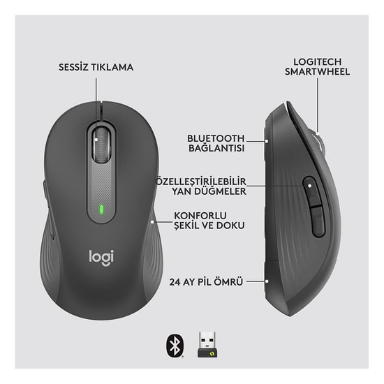 Logitech M650 Signature Siyah Kablosuz Mouse (910-006274) - Bluetooth, 4000 DPI, 5 Tuşlu, Kurumsal Seri, SmartWheel