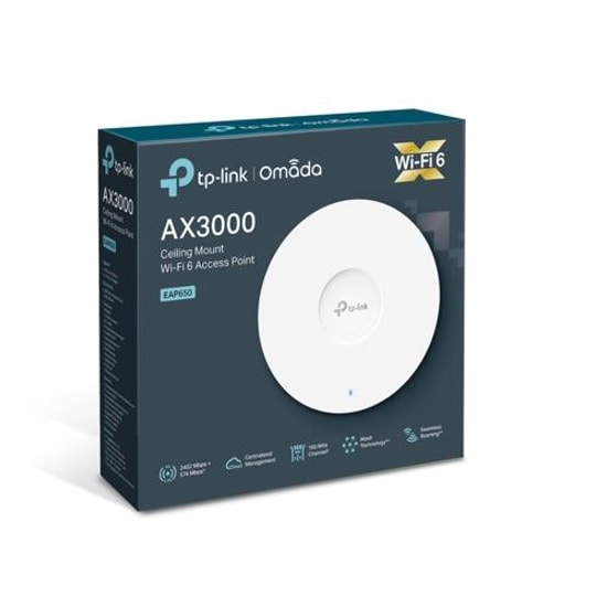TP-Link Omada EAP650 AX3000 WiFi 6 Tavan Tipi Access Point - 2.4/5GHz, PoE+, MU-MIMO, OFDMA, Gigabit Port, 5dBi Anten