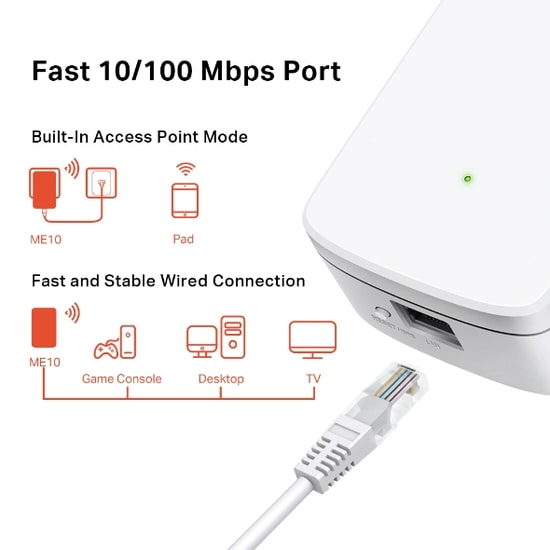 TP-Link Mercusys ME10 300Mbps WiFi Menzil Genişletici - 2.4GHz, WiFi 4, Dahili Anten, 1 Port 100Mbps, WPS, IGMP Desteği