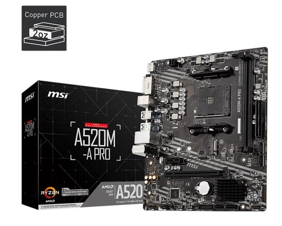 MSI A520M-A Pro Anakart: AMD AM4, DDR4 4600MHz (OC), M.2, DVI, HDMI 2.1, USB 3.2, 1G LAN, APU Desteği, Amd XMP, mATX