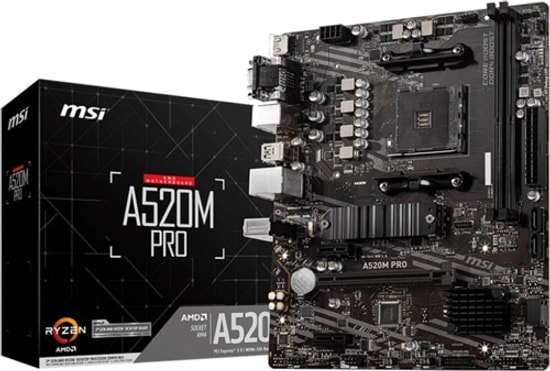 MSI A520M-A Pro Anakart: AMD AM4, DDR4 4600MHz (OC), M.2, DVI, HDMI 2.1, USB 3.2, 1G LAN, APU Desteği, Amd XMP, mATX