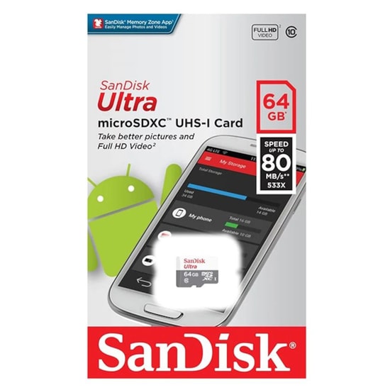 SanDisk Ultra 64GB Micro SD NAND Kart Bellek (SDSQUNR-064G-GN3MN) - UHS I, microSDXC, Class 10, 100MB/s Okuma