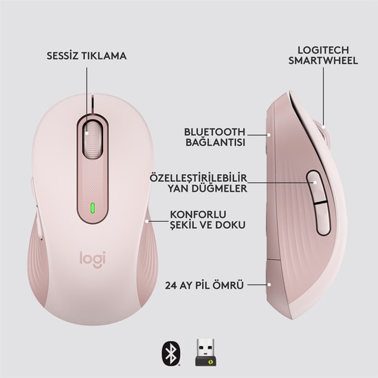 Logitech Signature M650 Pembe Kablosuz Mouse (910-006254) - Sessiz, Sağ El İçin, Küçük-Orta Boy, 4000 DPI, SmartWheel