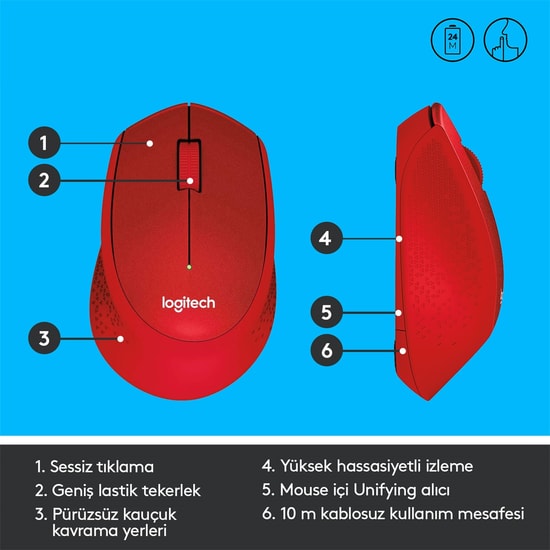 Logitech M330 Kırmızı Sessiz Kablosuz Mouse (910-004911) - 1000 DPI Optik Sensör, Ergonomik Tasarım, Uzun Pil Ömrü