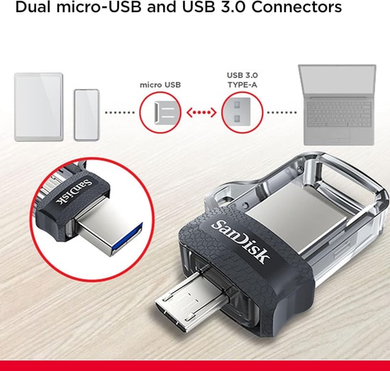 SanDisk Ultra Dual Drive m3.0 64GB USB 3.0 OTG Flash Bellek - SDDD3-064G-G46, Android Uyumlu, 150MB/s Hız