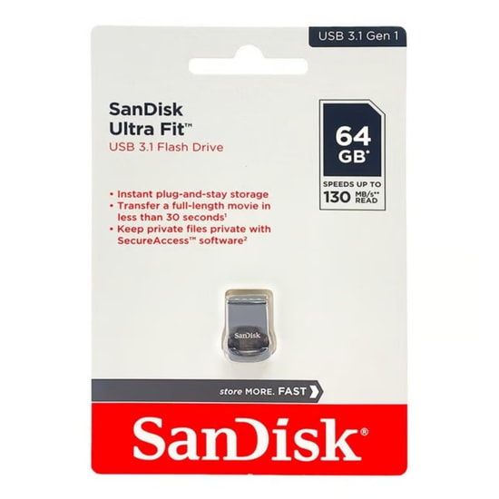 Sandisk Ultra Fit 64GB USB 3.2 Gen 1 Flash Bellek (SDCZ430-064G-G46) - 130MB/s Okuma Hızı, Siyah, Kompakt Tasarım